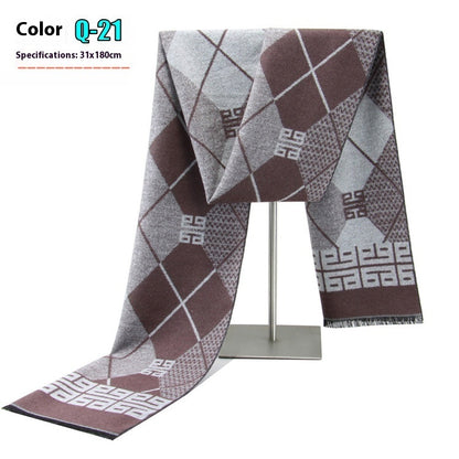 Patterned scarf on a stand with specifications displayed