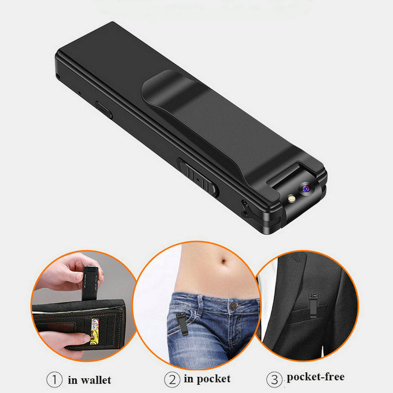 Black electronic device with illustrations showing its use in a wallet, pocket, and pocket-free.
