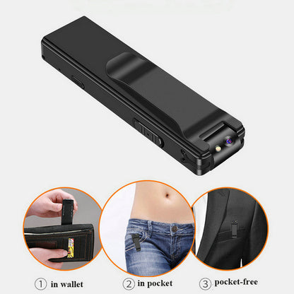 Black electronic device with illustrations showing its use in a wallet, pocket, and pocket-free.