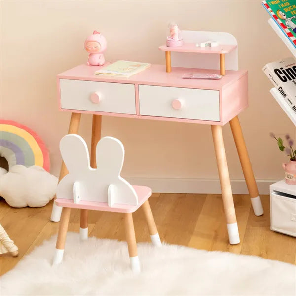 Pink kids vanity table with two drawers and round mirror, paired with twin bunny stool