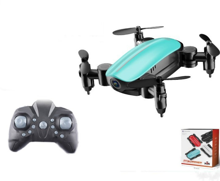 Teal mini foldable quadcopter drone with built-in camera and black controller