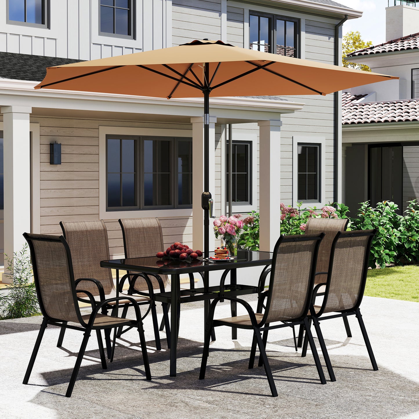 8-Piece Patio Dining Set with 9Ft Umbrella - Light Mixed Brown