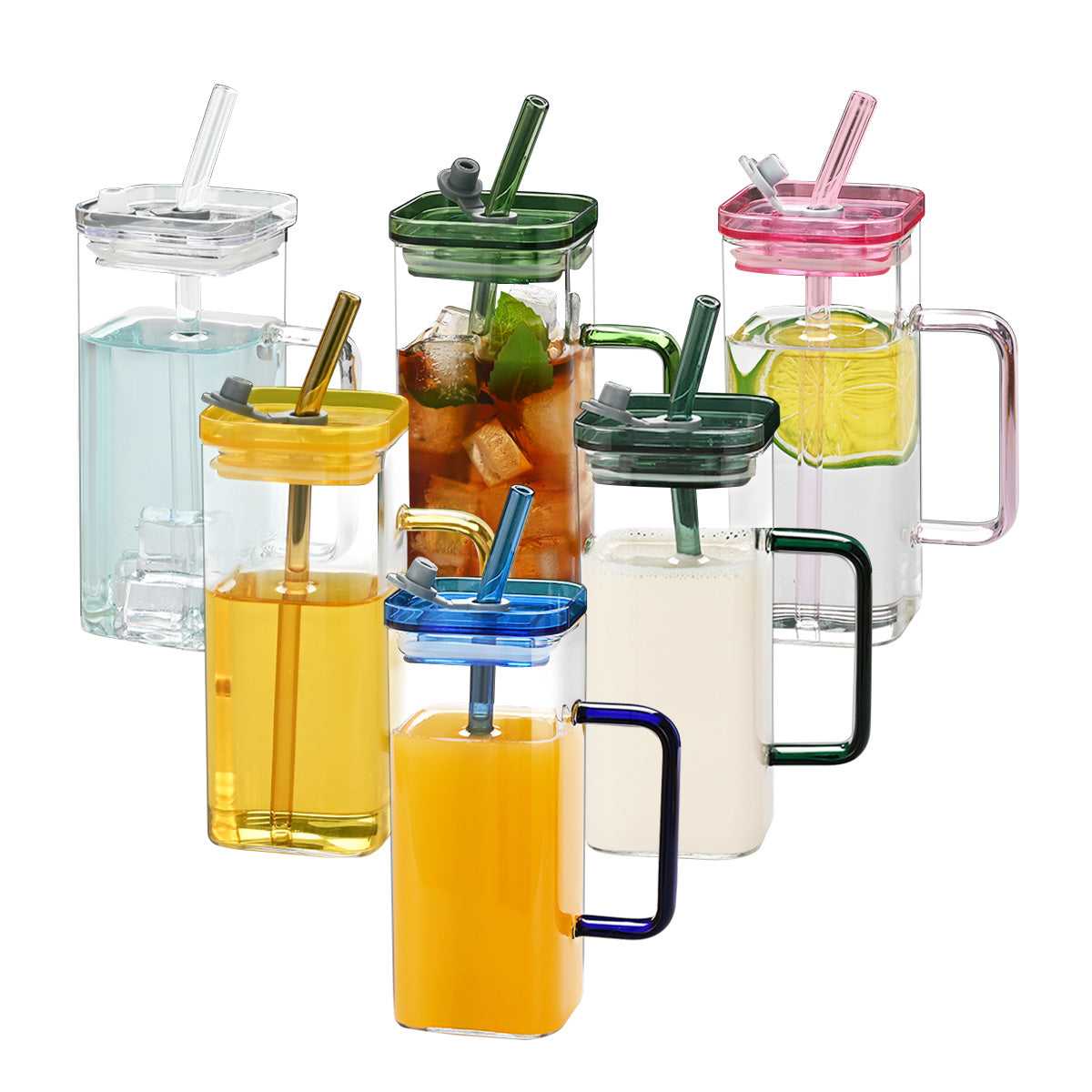 Assorted clear square glass cups with colored lids, straws, and side handles