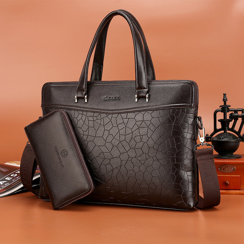 Black leather document briefcase with stone pattern and matching zip pouch, shoulder strap included