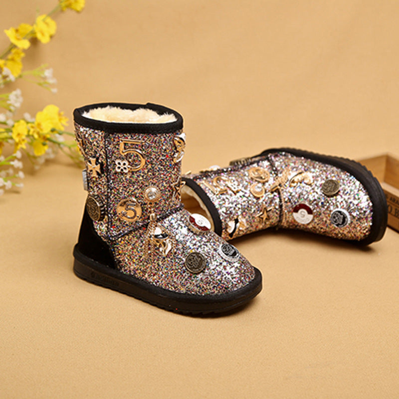 Girls' non-slip warm princess boots in silver glitter with faux-fur lining and charm details