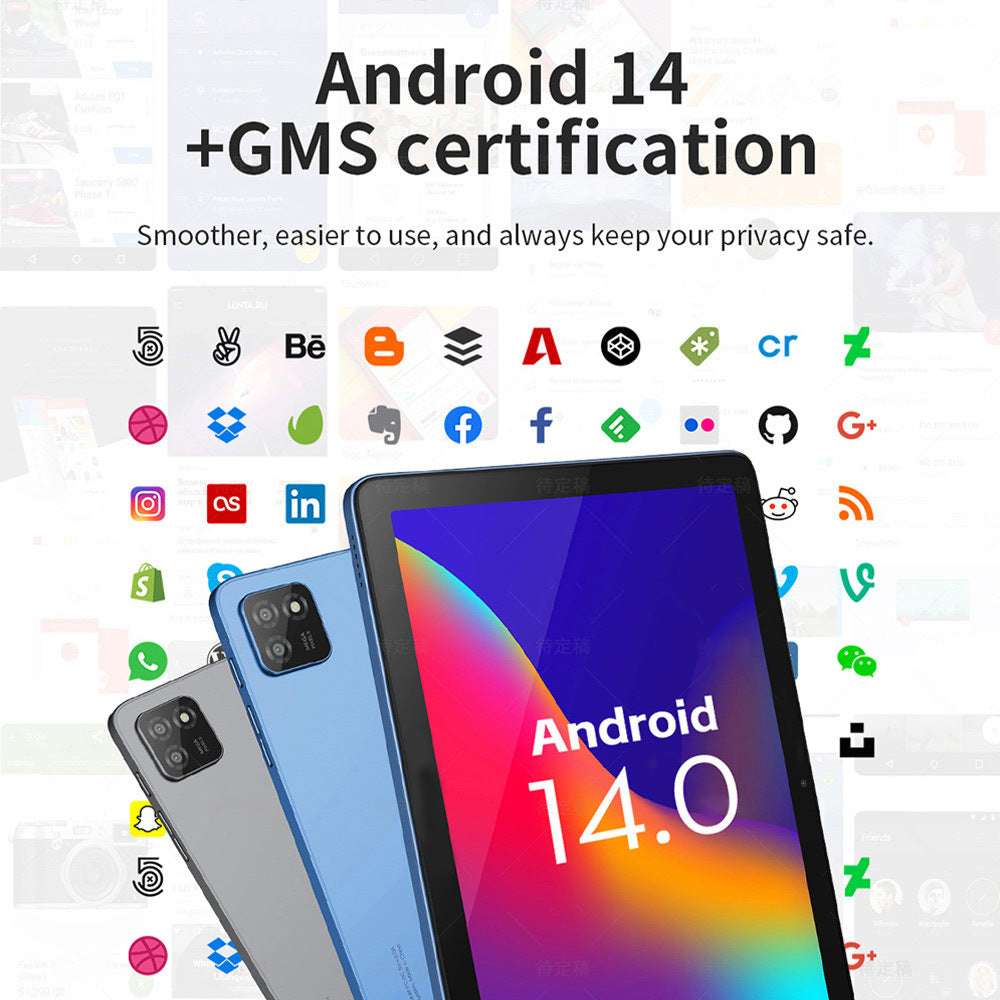 The image shows a promotional graphic for the G-tab T9 Rockchip RK3562 Quad Core 3GB 3GB RAM 64GB ROM 10.1 Inch Android 14 Tablet PC.