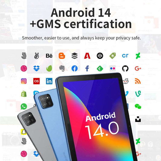 The image shows a promotional graphic for the G-tab T9 Rockchip RK3562 Quad Core 3GB 3GB RAM 64GB ROM 10.1 Inch Android 14 Tablet PC.