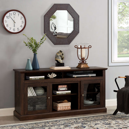 Brown farmhouse TV stand with open shelves and two-door storage, mirror and decor above.