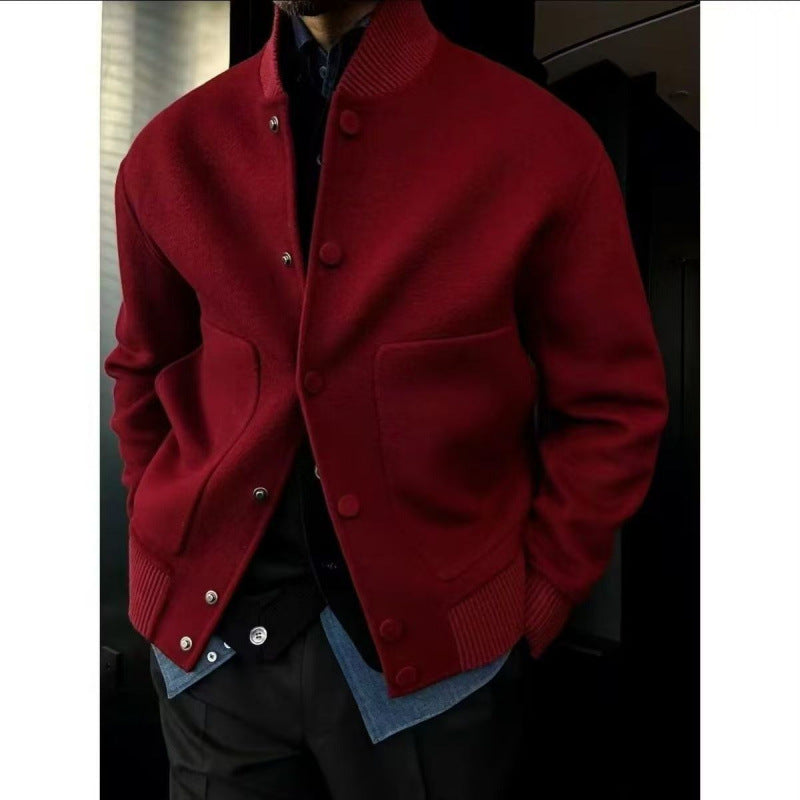 Red stand-up collar jacket with snap buttons, ribbed cuffs, front pocket flaps