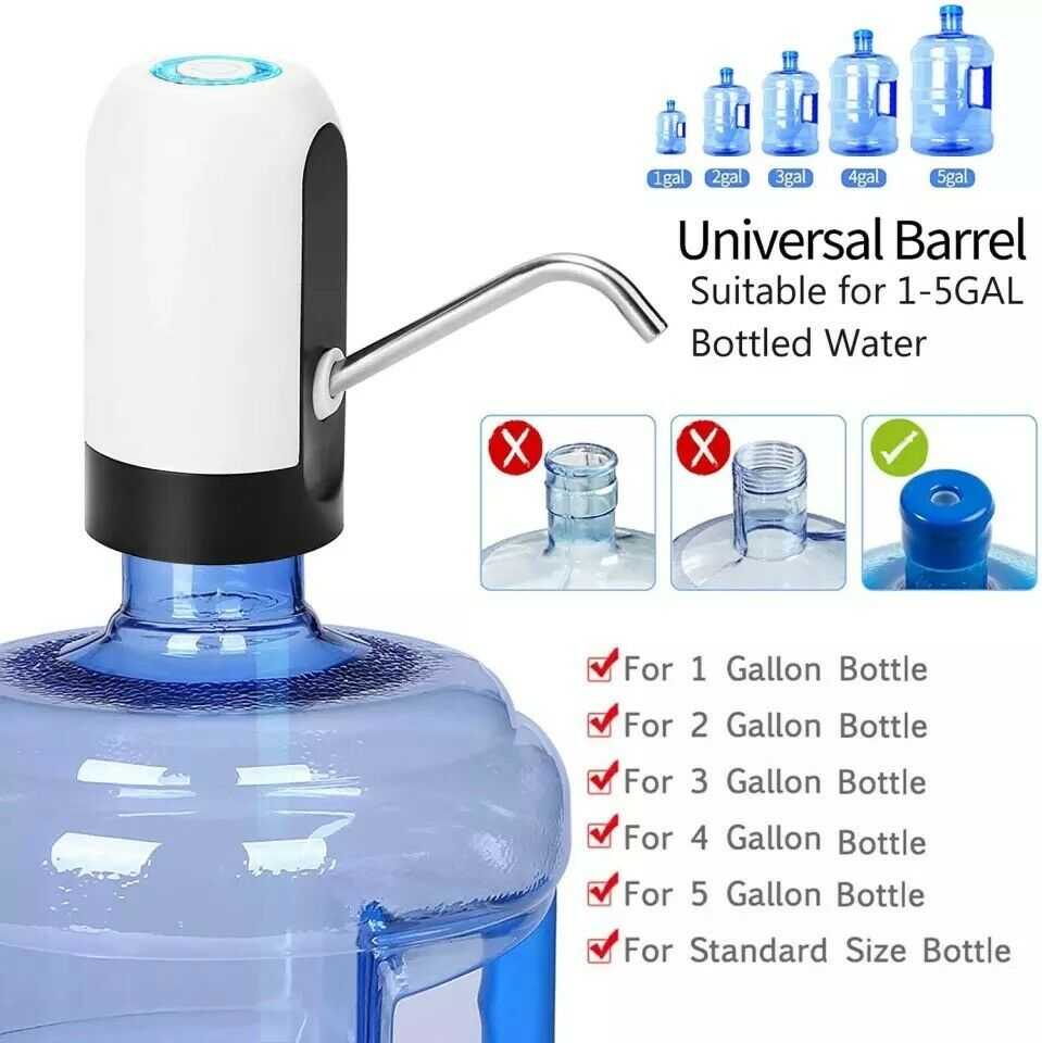 Electric water bottle dispenser pump with curved metal spout, white and black base