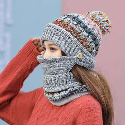 Korean winter knitted hat with heather gray multicolor pom-pom beanie and ribbed neck warmer