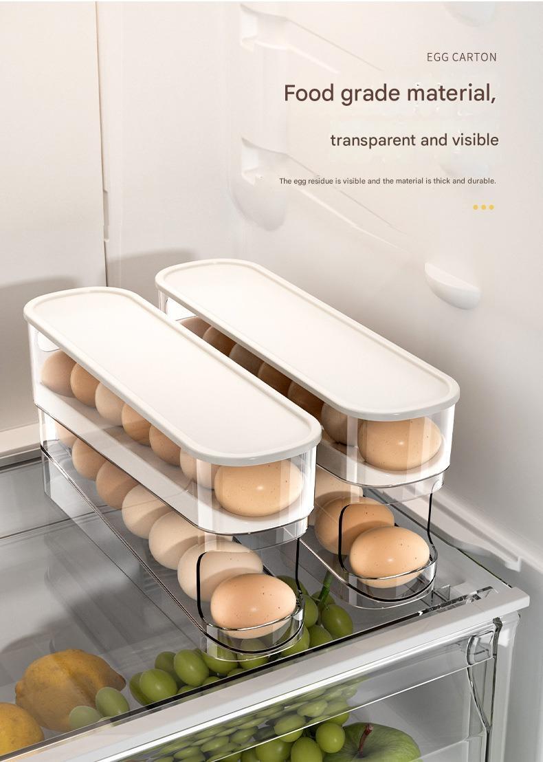 White egg holder with eggs inside a refrigerator, showing food grade material.