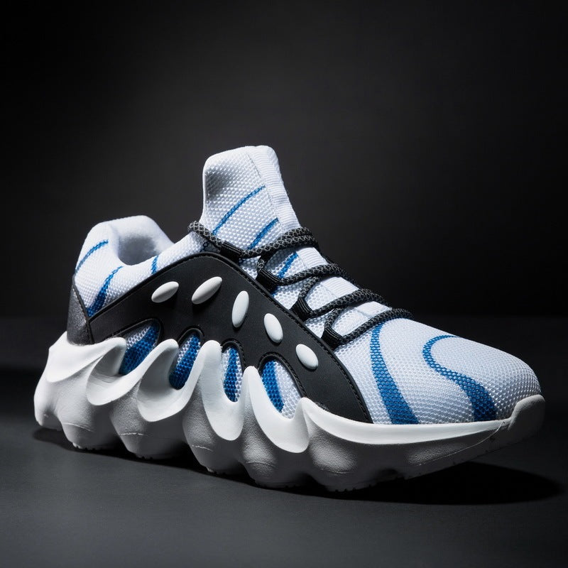 Breathable mesh sneakers in black and light blue with chunky white sole and laces