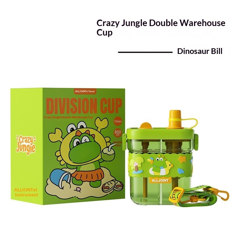 Green kids dual-chamber straw water bottle with dinosaur cartoon, yellow straw lid