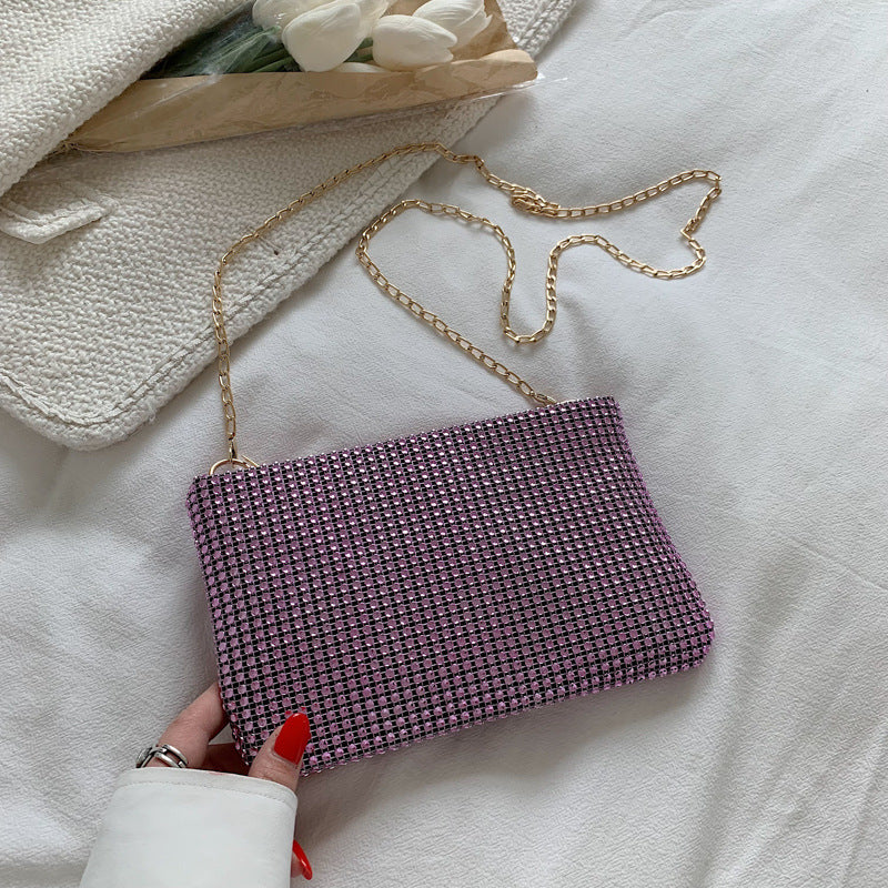Rhinestone one-shoulder crossbody bag in purple with chain strap and front flap