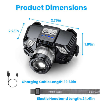 Black zoomable LED headlamp with front lens, side LED strips, and elastic strap