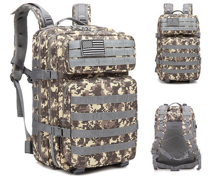 Desert camo tactical backpack with front organizer, flag patch, and padded straps