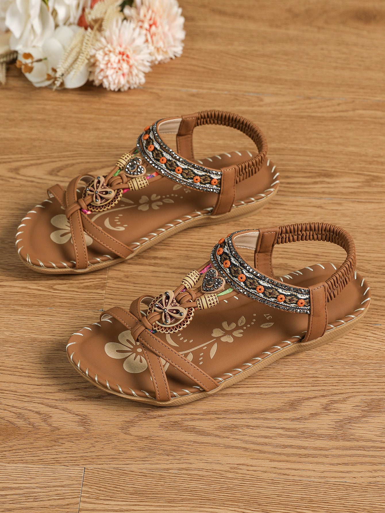 Women’s Large Size Flat Flower Rhinestone Sandals Women's Large Size Flat Bottom Flower Rh | Ectron Online