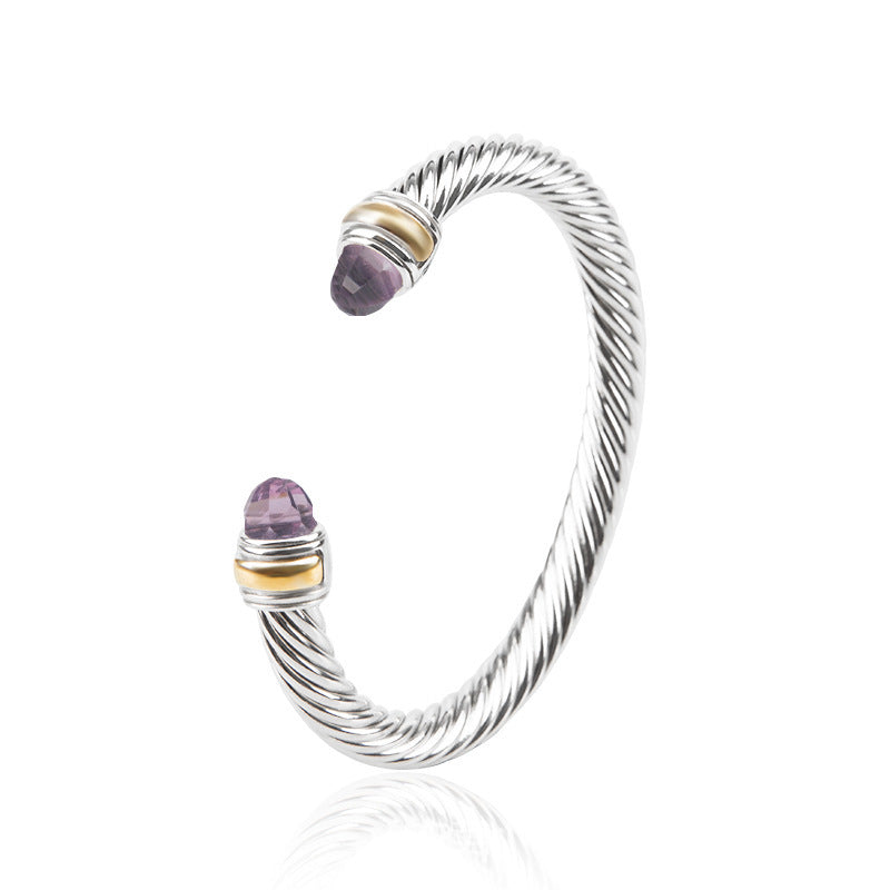 Bohemian bracelet with silver wire and purple faceted crystal beads with gold accents