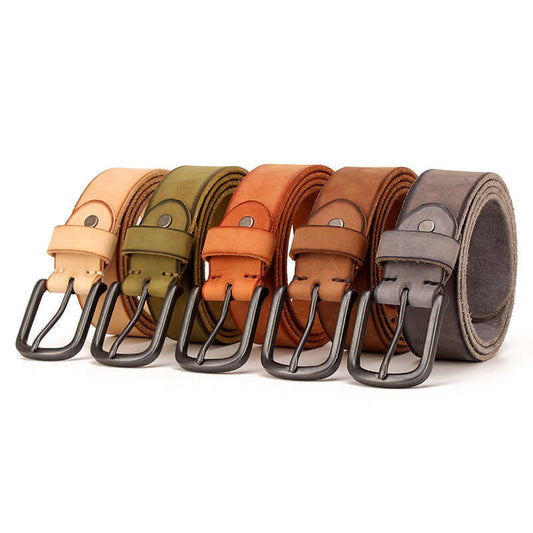 Men's leather pin buckle belt collection in various colors showcasing durable and stylish designs.