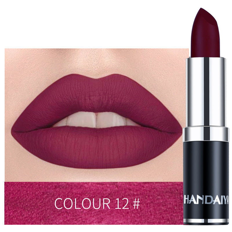 Moisturizing lipstick in deep burgundy, shade 12, with silver-and-black tube