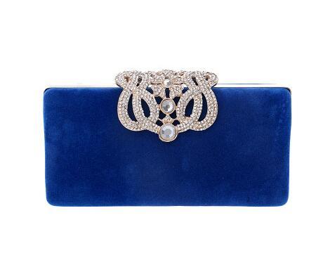 Rectangular blue evening clutch with rhinestone ornate clasp and faux pearl