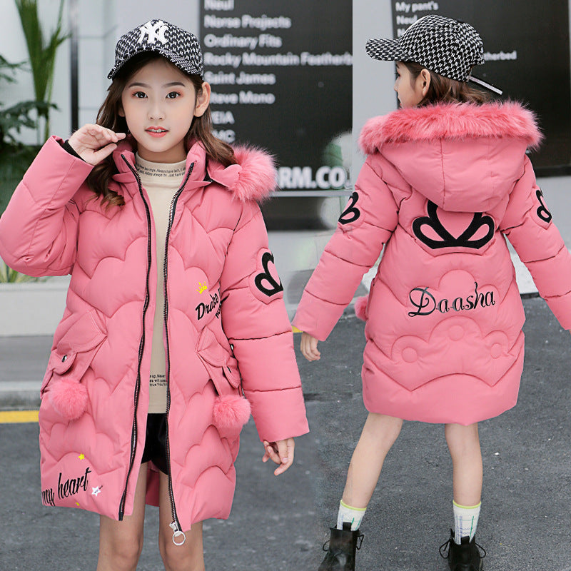 Girls' pink cotton-padded winter jacket with faux-fur hood trim and logo graphic back