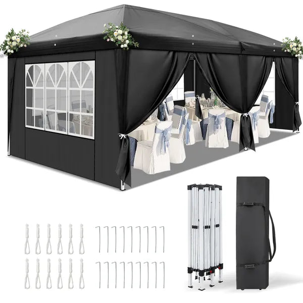 Black pop-up canopy tent side with mesh window panel and side curtains
