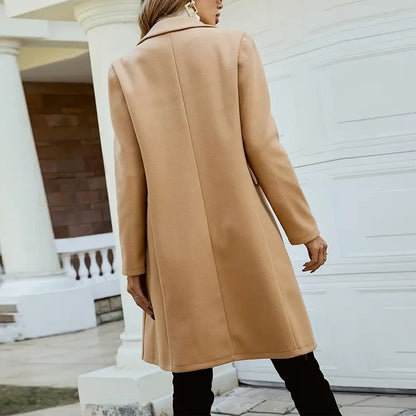 Women's Wool-Like Double-Breasted Coat | Mid-Length Notch Lapel Jacket Women's Solid Color Double-Breasted Wool | Ectron Online