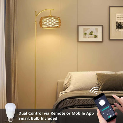 Gold floor lamp with woven shade and included remote control