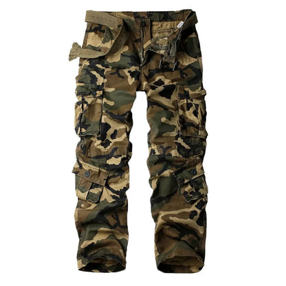 Men's camouflage cargo pants with multiple flap pockets and adjustable waistband