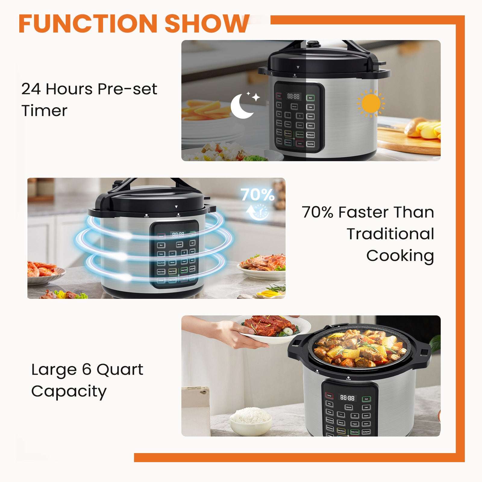 Electric pressure cooker featuring glowing heating ring and preset timer on the control display
