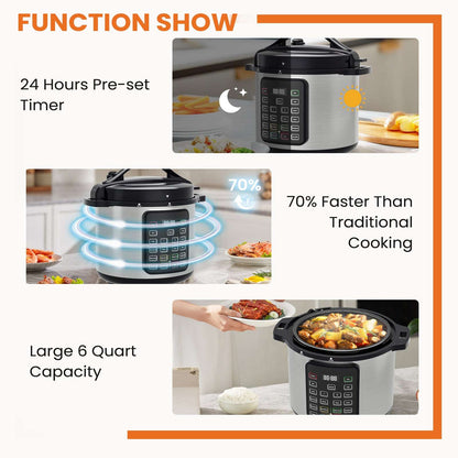 Electric pressure cooker featuring glowing heating ring and preset timer on the control display