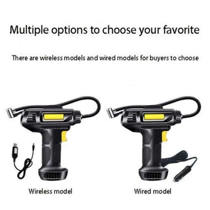 Black tire inflator options page: wireless and wired models with connecting accessories shown