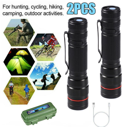 Pair of black tactical flashlights with lanyards and red accent ring.