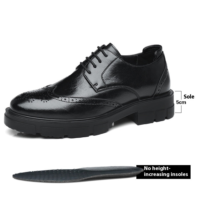 Black leather lace-up dress shoe with thick sole and shown flat insole