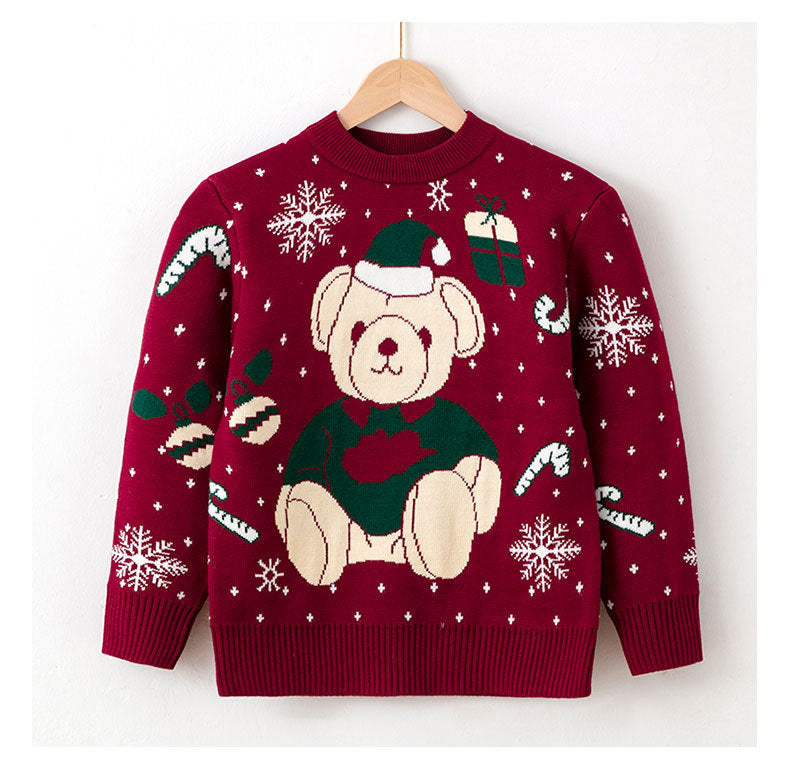 Children's Christmas sweater, burgundy knit with bear holding candy cane and snowflakes