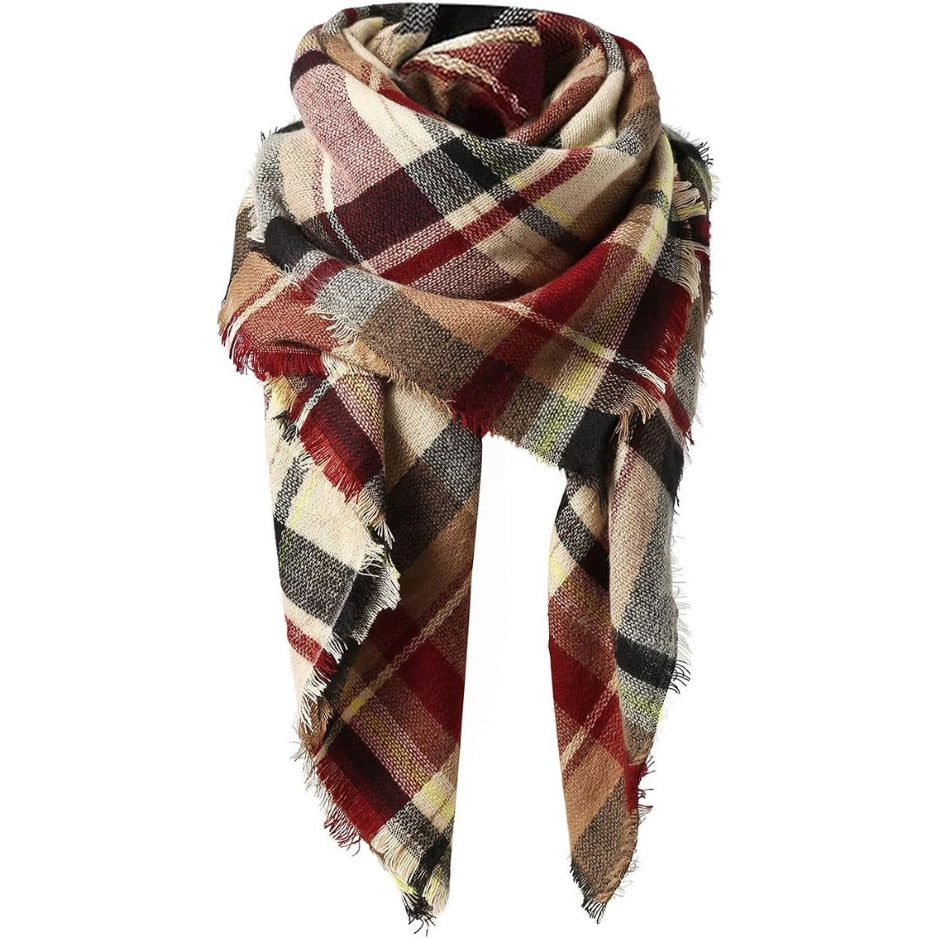 Oversized plaid square shawl scarf with fringed edges, burgundy, cream, and dark tones