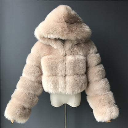 Women's Short Hooded Faux Fur Coat | Trendy Long Sleeve Plush Jacket Short hooded faux fur long sleeve coat | Ectron Online