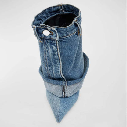 Pointed-toe Washed Denim Pantskirt Stiletto Heel Ankle Boots