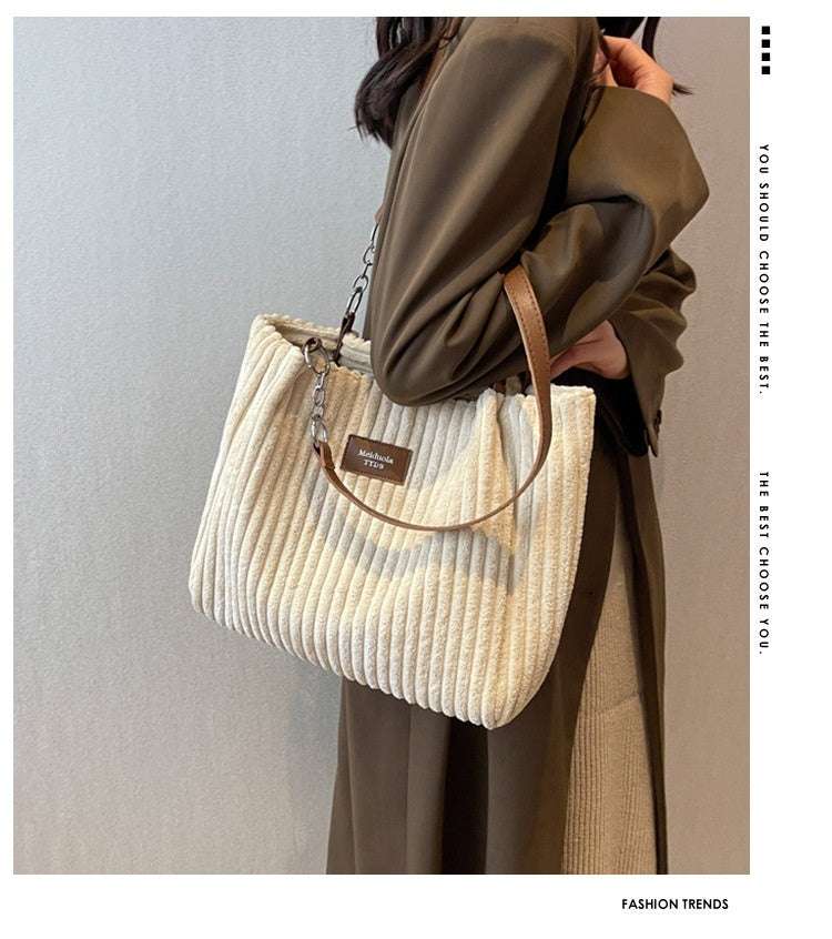 Casual Corduroy Shopper Tote with Zipper Retro Large Capacity Shoulder Bag Casual | Ectron Online