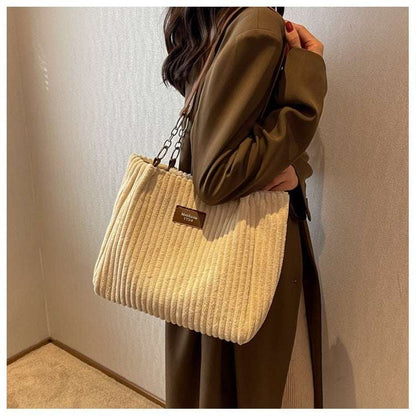 Casual Corduroy Shopper Tote with Zipper Retro Large Capacity Shoulder Bag Casual | Ectron Online