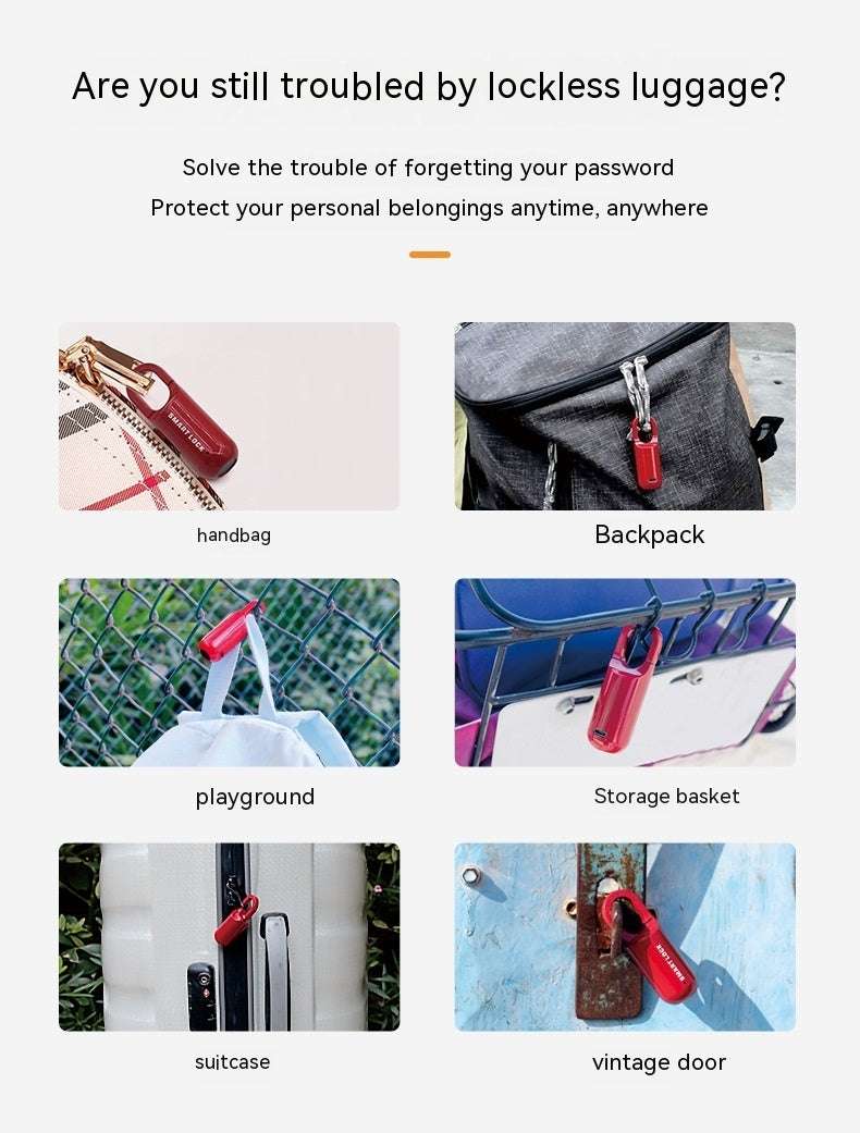 Advertisement for lockless luggage solution showing various items with a red lock.