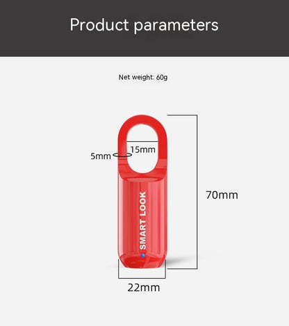Red keychain lock with dimensions and weight information on a white background