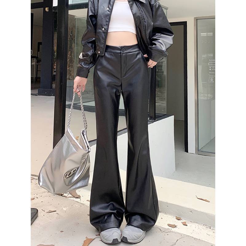 Slim Fit Leather Bootcut Trousers Slimming High Waist Casual Leather Pants