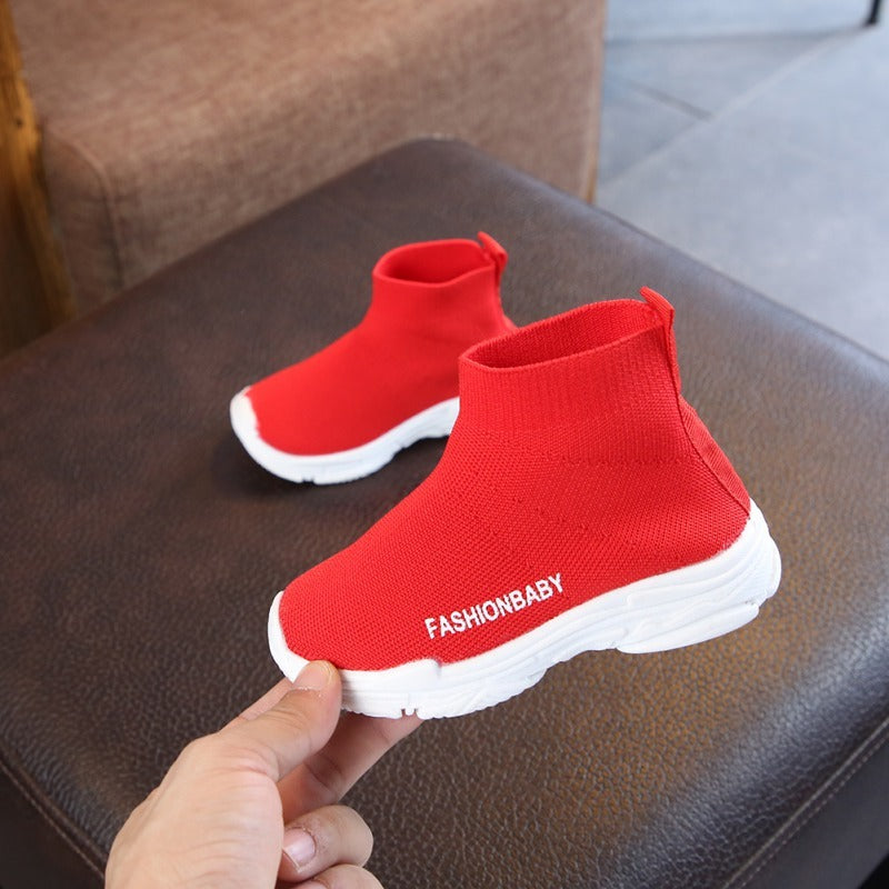 Kids red high-top woven mesh sneakers with white sole, slip-on style