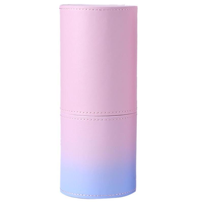 PU leather makeup brush holder cup with pink-to-blue gradient finish and stitched rim