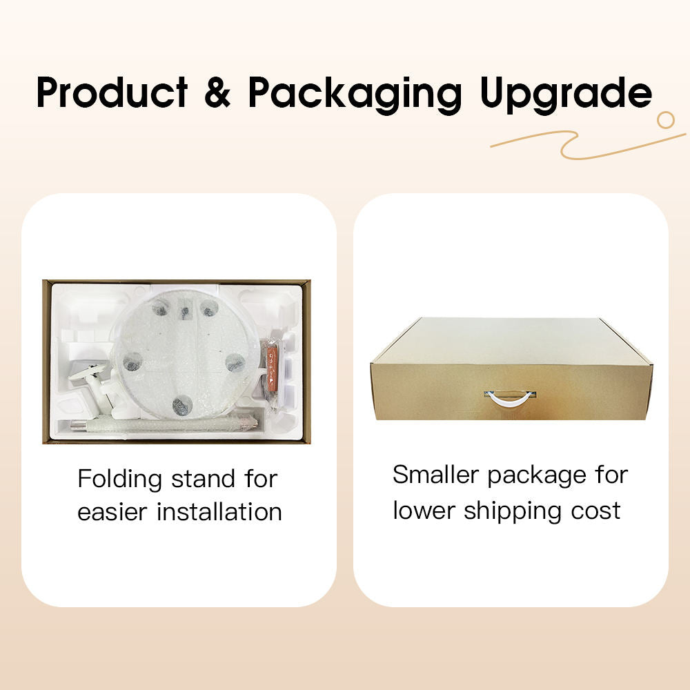 Product and packaging upgrade with folding stand and smaller package on a beige background