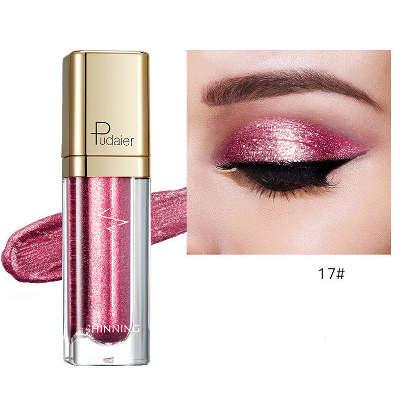 Glitter eyeshadow tube with pink rose shimmer and matching eyelid swatch, Tudaier