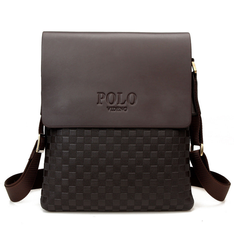 Brown plaid messenger bag with top flap, checkered front panel, and shoulder straps